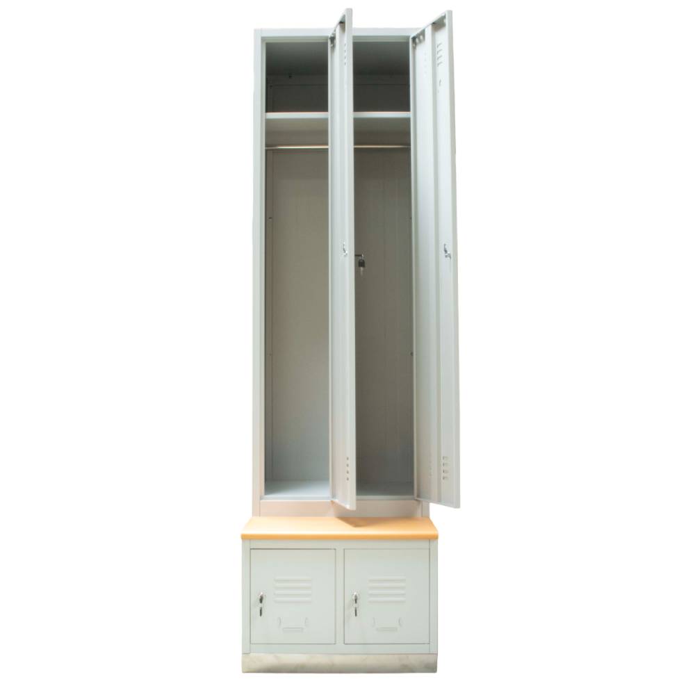 Vestiar metalic, 2+2 compartimente, cu bancuta, bara umerase, 600x800x2156mm, gri, B4U, montat