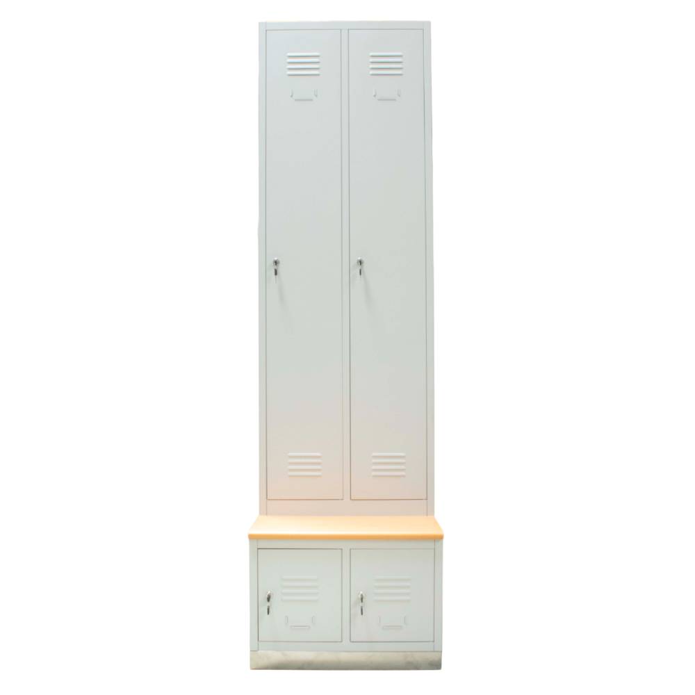 Vestiar metalic, 2+2 compartimente, cu bancuta, bara umerase, 600x800x2156mm, gri, B4U, montat