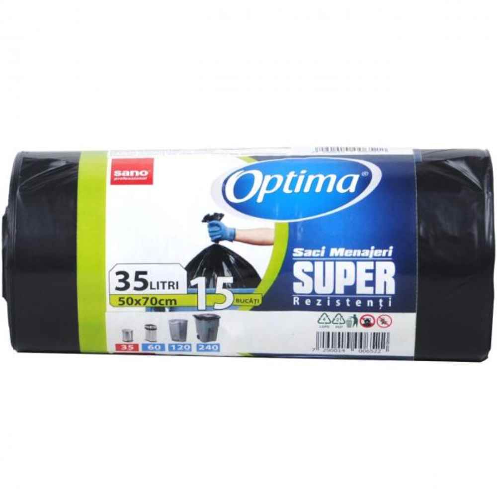 Saci de gunoi menajer, 35 l, 15 buc, negru, SANO OPTIMA SUPER