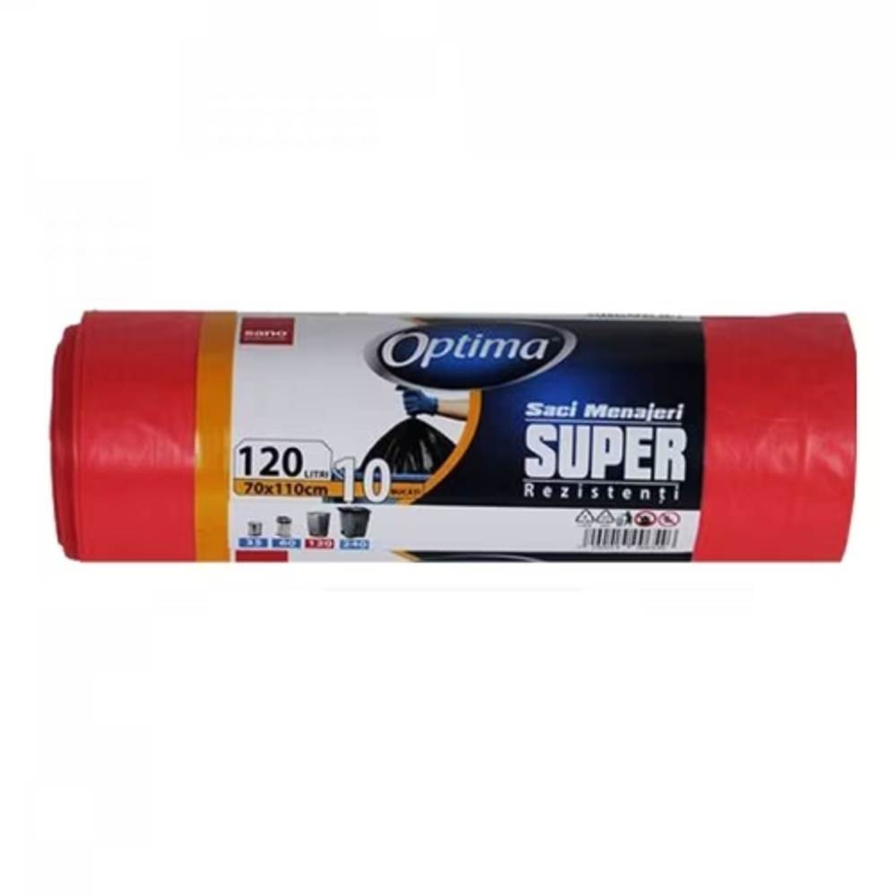 Saci de gunoi menajer, 120 l, 10 buc, rosu, SANO OPTIMA SUPER