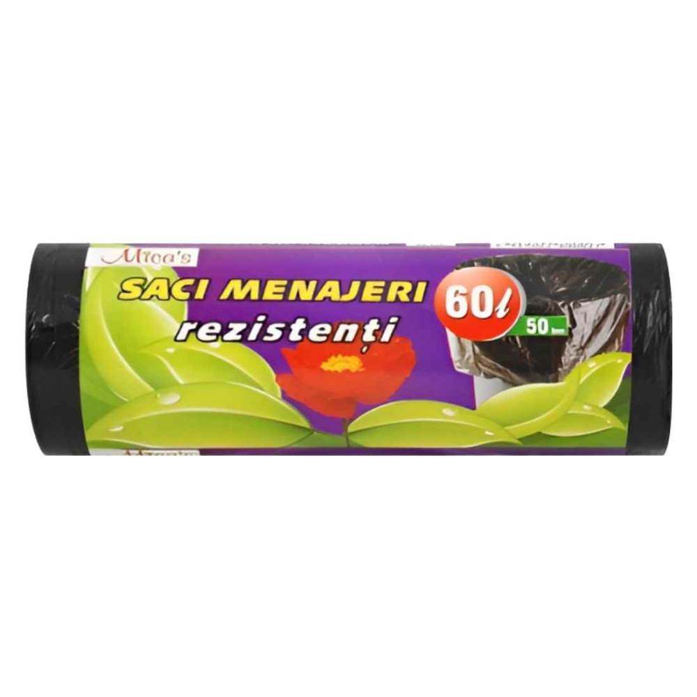 Saci de gunoi menajer, 60 l, 50 buc, negru, MICAS