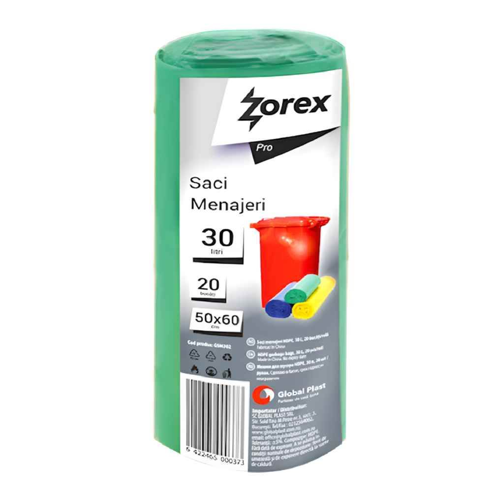 Saci de gunoi menajer, 30 l, 20 buc, verde, ZOREX PRO