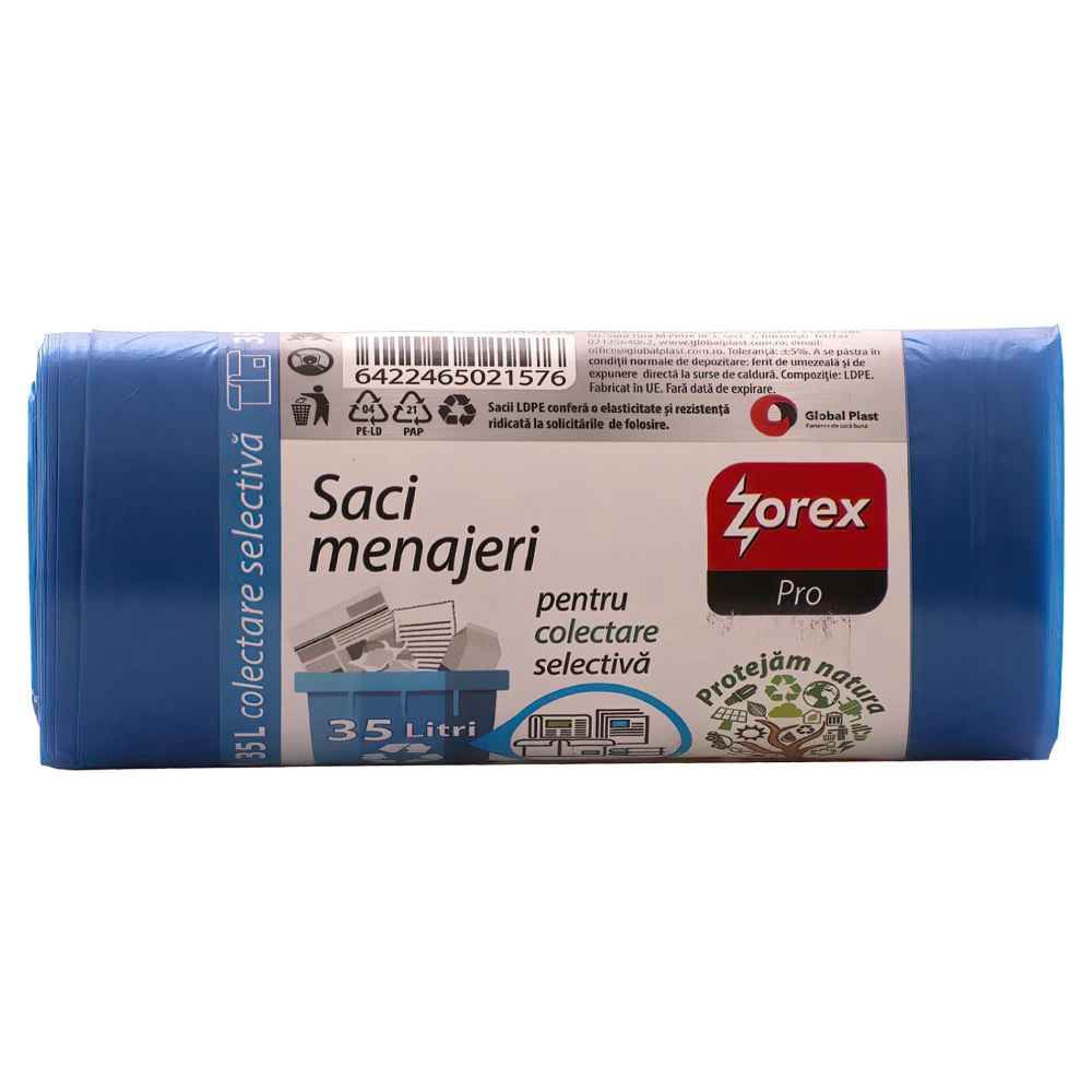 Saci menajeri, 35 l, 15 buc, albastru, ZOREX PRO