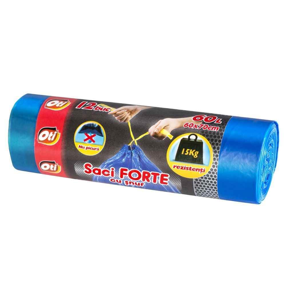 [71035421] Saci de gunoi menajer, 60 l, 12 buc, cu snur, albastru, OTI