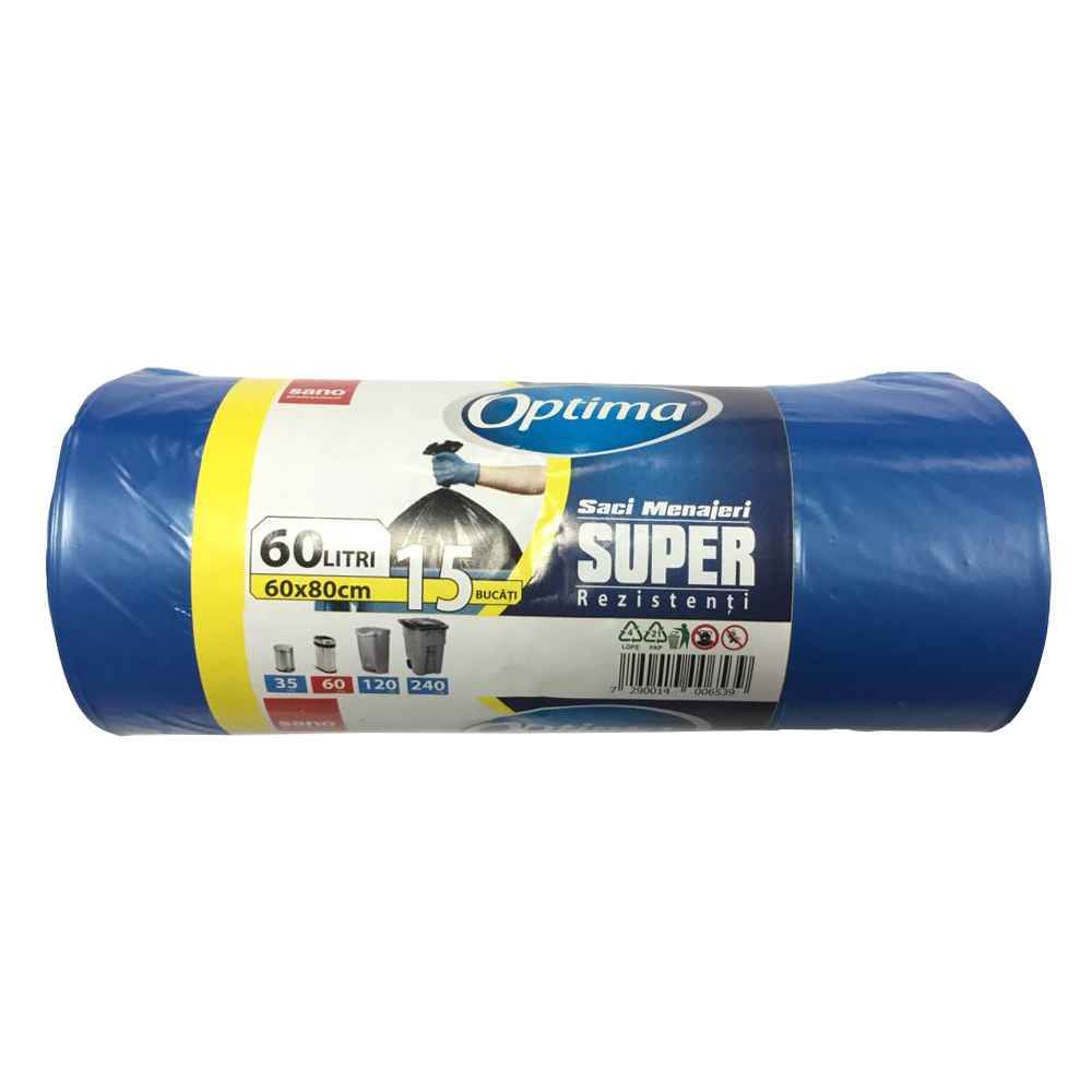 [71047487] Saci de gunoi menajer, 60 l, 15 buc, albastru, SANO OPTIMA SUPER